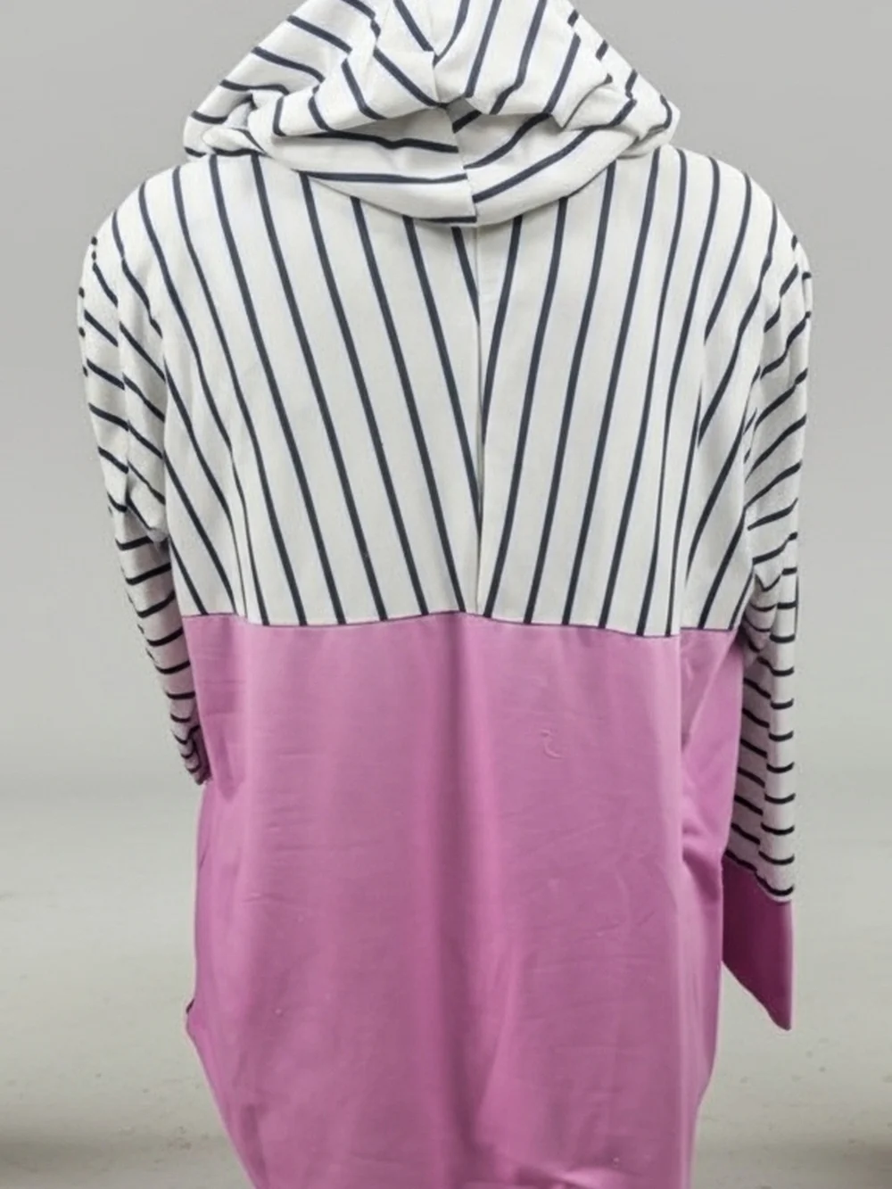 LuLaRoe Lavender Hoodie with Black-and-White Striped Raglan Sleeves